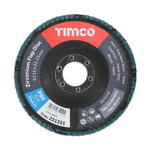 This is an image of Timco - Flap Disc - Zirconium - Type 29 Conical - P80 Grit 115 x 22.23 (1 Each Pack) 231351