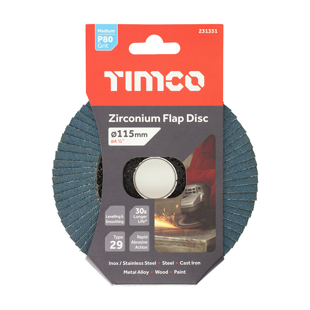 This is an image of Timco - Flap Disc - Zirconium - Type 29 Conical - P80 Grit 115 x 22.23 (1 Each Pack) 231351