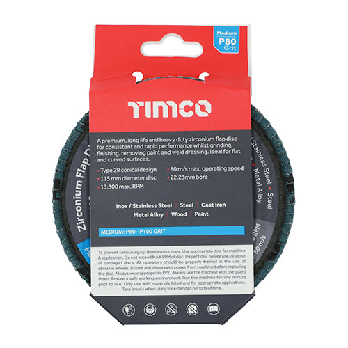 This is an image of Timco - Flap Disc - Zirconium - Type 29 Conical - P80 Grit 115 x 22.23 (1 Each Pack) 231351