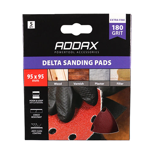 This is an image of Timco - Delta Sanding Pads - 180 Grit - Red 95 x 95mm (5 Pieces Pack) 231360