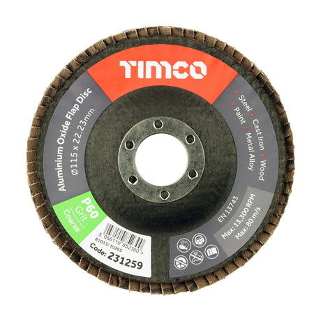 This is an image of Timco - Set of Flap Discs - Aluminium Oxide - Type 29 Conical - 60 Grit 115 x 22.23 (10 Pieces Pack) 231370