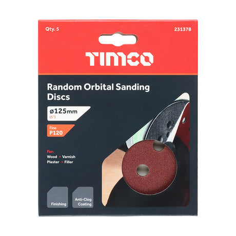 This is an image of Timco - Random Orbital Sanding Discs - 120 Grit - Red 125mm (5 Pieces Pack) 231378