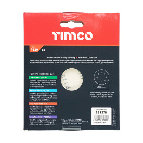 This is an image of Timco - Random Orbital Sanding Discs - 120 Grit - Red 125mm (5 Pieces Pack) 231378