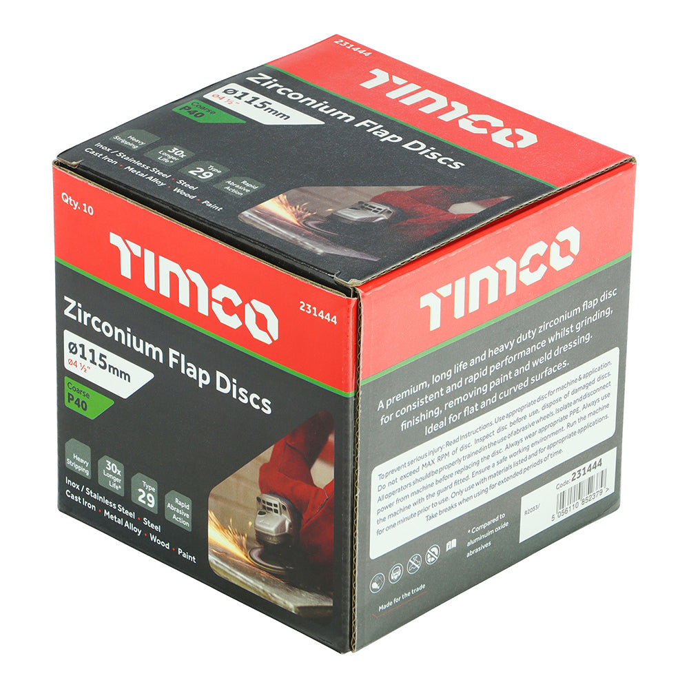 This is an image of Timco - Set of Flap Discs - Zirconium - Type 29 Conical - P40 Grit 115 x 22.23 (10 Pieces Box) 231444