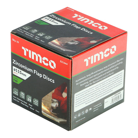 This is an image of Timco - Set of Flap Discs - Zirconium - Type 29 Conical - P40 Grit 115 x 22.23 (10 Pieces Box) 231444