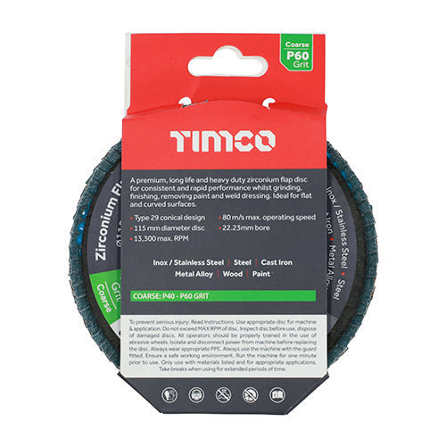 This is an image of Timco - Flap Disc - Zirconium - Type 29 Conical - P60 Grit 115 x 22.23 (1 Each Pack) 231528