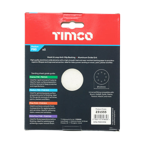 This is an image of Timco - Random Orbital Sanding Discs - 80 Grit - Red 125mm (5 Pieces Pack) 231555