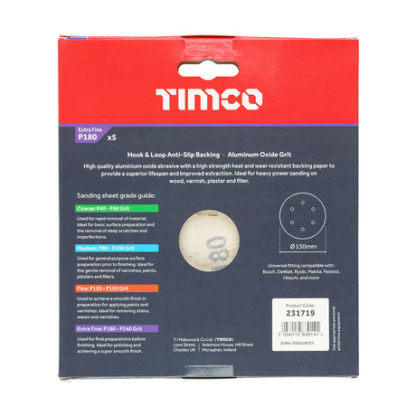 This is an image of Timco - Random Orbital Sanding Discs - 180 Grit - Red 150mm (5 Pieces Pack) 231719