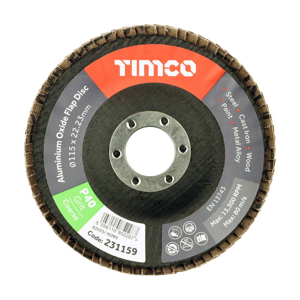 This is an image of Timco - Set of Flap Discs - Aluminium Oxide - Type 29 Conical - 40 Grit 115 x 22.23 (10 Pieces Pack) 231754