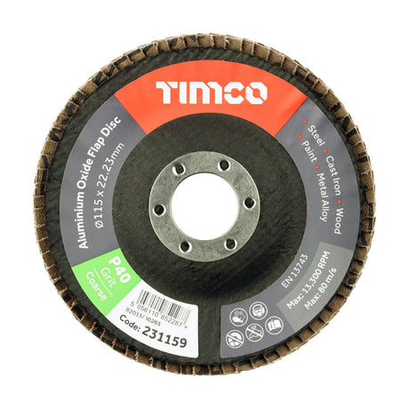 This is an image of Timco - Set of Flap Discs - Aluminium Oxide - Type 29 Conical - 40 Grit 115 x 22.23 (10 Pieces Pack) 231754