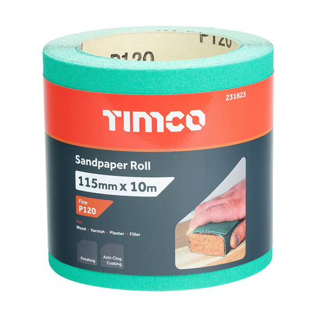 This is an image of Timco - Sandpaper Roll - 120 Grit - Green 115mm x 10m (1 Each Roll) 231823