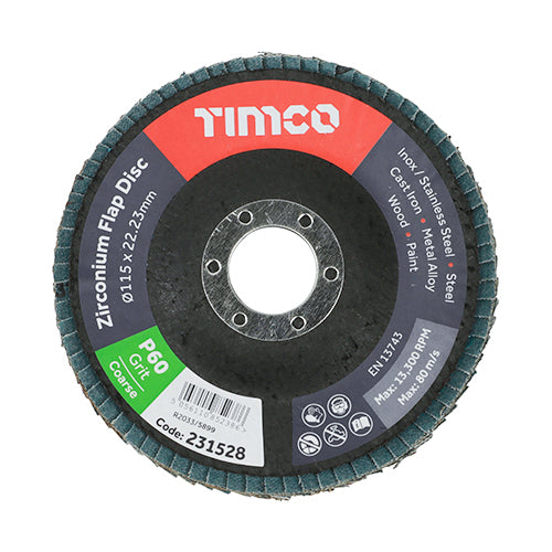 This is an image of Timco - Set of Flap Discs - Zirconium - Type 29 Conical - P60 Grit 115 x 22.23 (10 Pieces Box) 231953