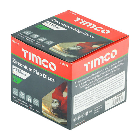 This is an image of Timco - Set of Flap Discs - Zirconium - Type 29 Conical - P60 Grit 115 x 22.23 (10 Pieces Box) 231953
