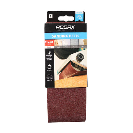 This is an image of Timco - Sanding Belts - 80 Grit - Red 75 x 457mm (5 Pieces Pack) 231987
