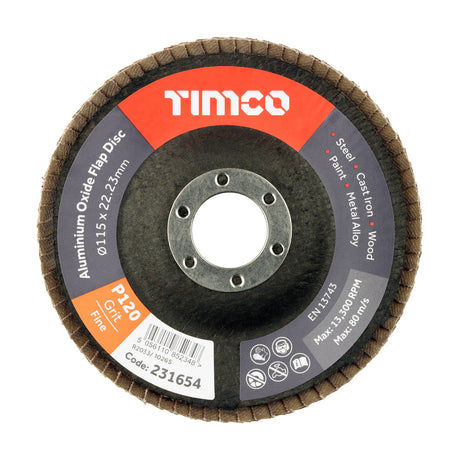 This is an image of Timco - Set of Flap Discs - Aluminium Oxide - Type 29 Conical - 120 Grit 115 x 22.23 (10 Pieces Pack) 231989