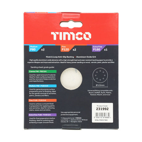 This is an image of Timco - Random Orbital Sanding Discs - Mixed - Red 125mm (80/120/180) (5 Pieces Pack) 231992