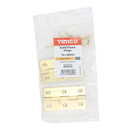 This is an image of Timco - Solid Drawn Hinge - Solid Brass - Polished Brass 75 x 40 (1 Pairs Bag) 234016