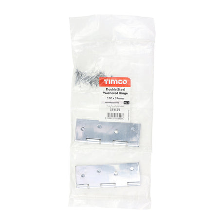 This is an image of Timco - Double Steel Washered Butt Hinge - Solid Brass - Polished Chrome 102 x 67 (1 Pairs Bag) 234129