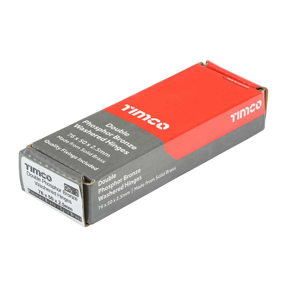 This is an image of Timco - Double Phosphor Bronze Washered Butt Hinge - Solid Brass - Polished Brass 76 x 50 (1 Pairs Box) 234158