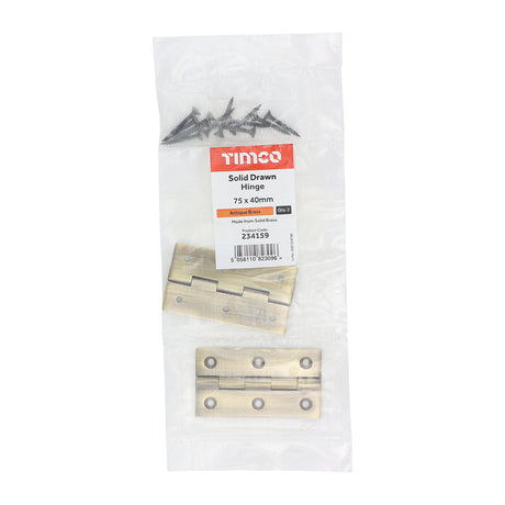 This is an image of Timco - Solid Drawn Hinge - Solid Brass - Antique Brass 75 x 40 (1 Pairs Bag) 234159