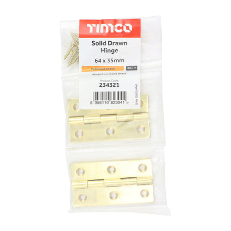 This is an image of Timco - Solid Drawn Hinge - Solid Brass - Polished Brass 64 x 35 (1 Pairs Bag) 234321