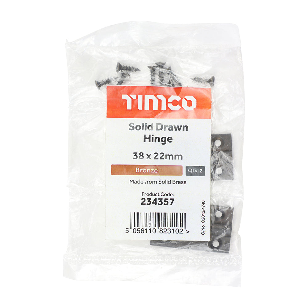 This is an image of Timco - Solid Drawn Hinge - Solid Brass - Bronze 38 x 22 (1 Pairs Bag) 234357