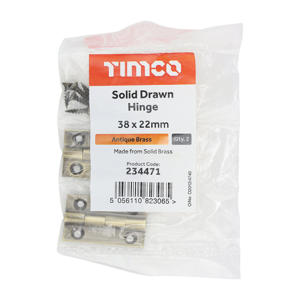 This is an image of Timco - Solid Drawn Hinge - Solid Brass - Antique Brass 38 x 22 (1 Pairs Bag) 234471