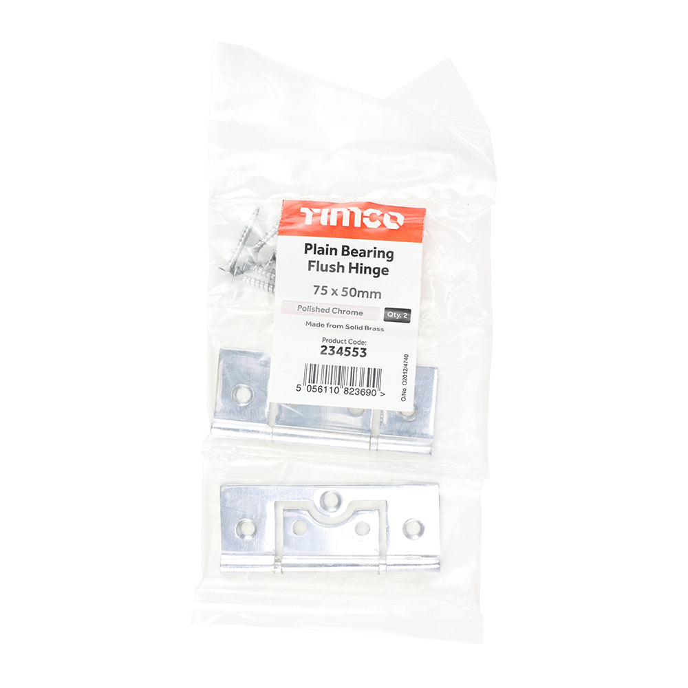 This is an image of Timco - Plain Bearing Flush Hinge - Solid Brass - Polished Chrome 75 x 50 (1 Pairs Bag) 234553