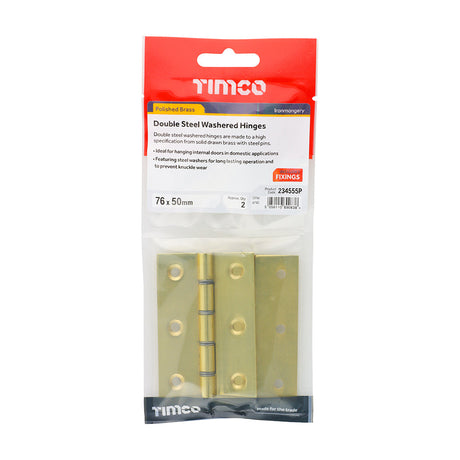 This is an image of Timco - Double Steel Washered Butt Hinge - Solid Brass - Polished Brass 76 x 50 (1 Pairs TIMpac) 234555P
