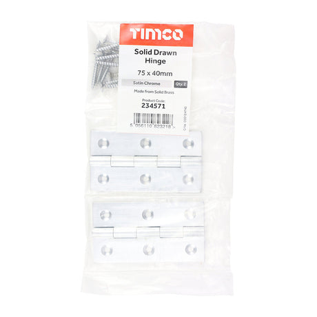 This is an image of Timco - Solid Drawn Hinge - Solid Brass - Satin Chrome 75 x 40 (1 Pairs Bag) 234571