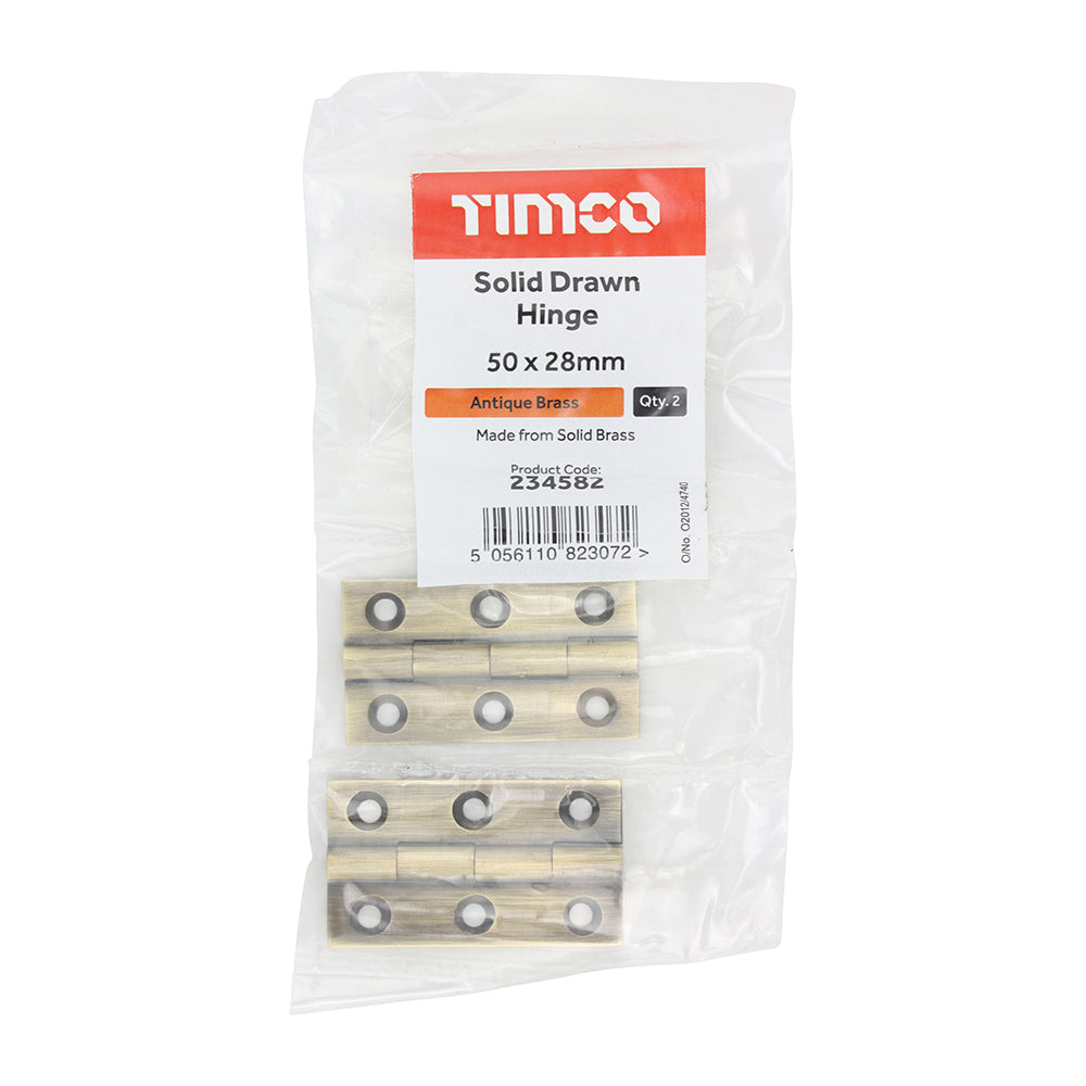 This is an image of Timco - Solid Drawn Hinge - Solid Brass - Antique Brass 50 x 28 (1 Pairs Bag) 234582