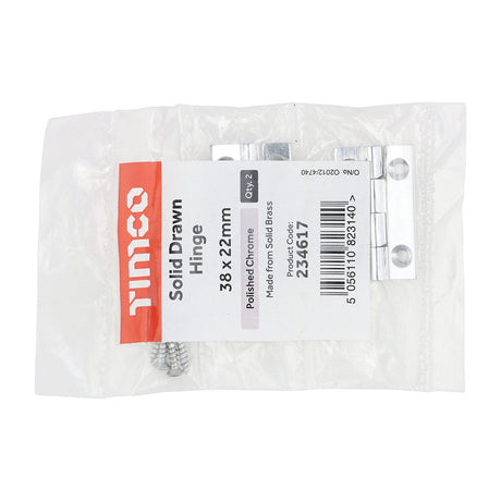 This is an image of Timco - Solid Drawn Hinge - Solid Brass - Polished Chrome 38 x 22 (1 Pairs Bag) 234617
