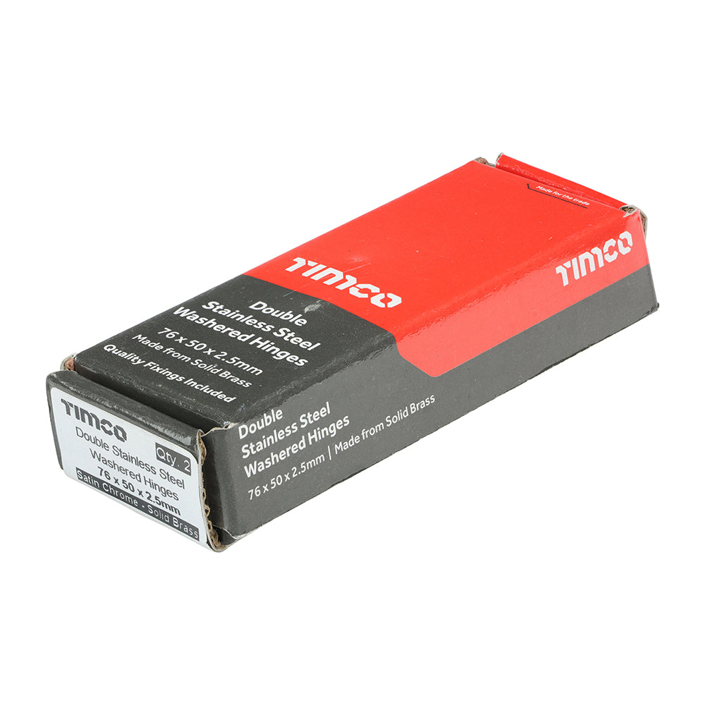 This is an image of Timco - Double Stainless Steel Washered Butt Hinge - Solid Brass - Satin Chrome 76 x 50 (1 Pairs Box) 234635