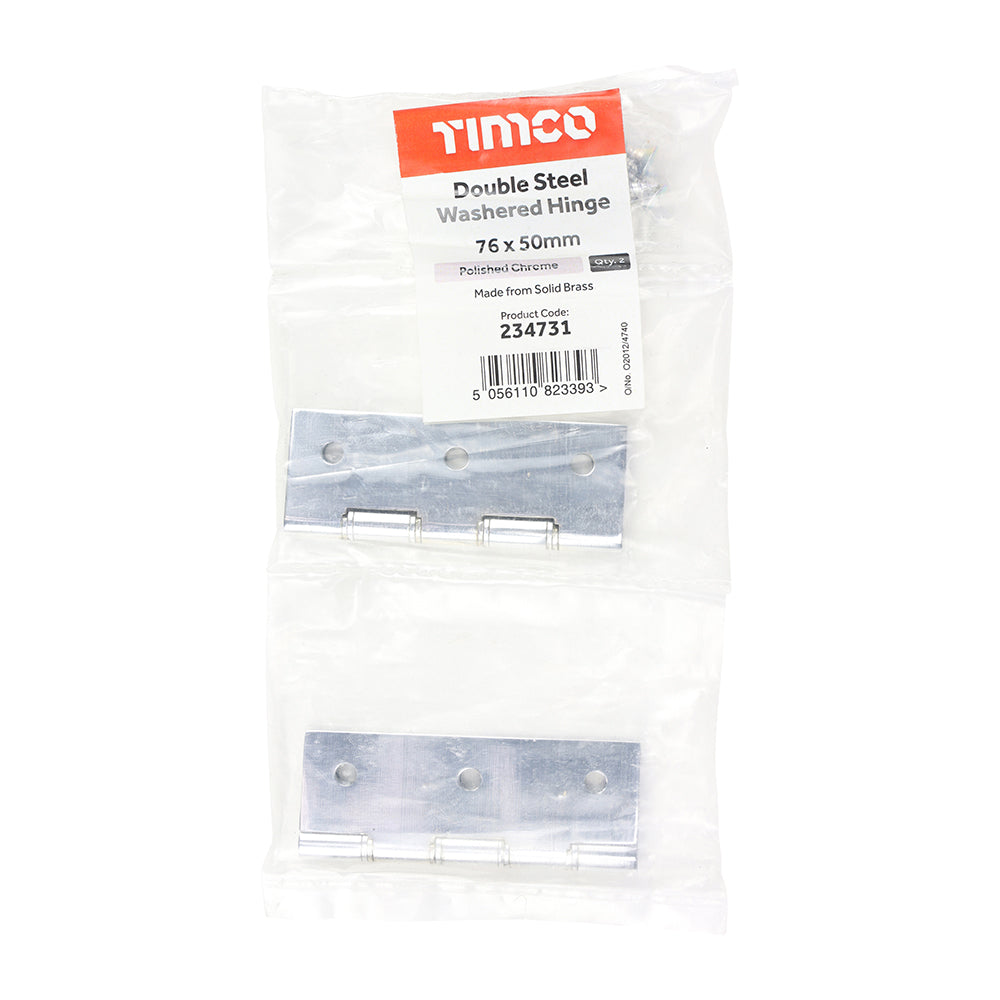 This is an image of Timco - Double Steel Washered Butt Hinge - Solid Brass - Polished Chrome 76 x 50 (1 Pairs Bag) 234731