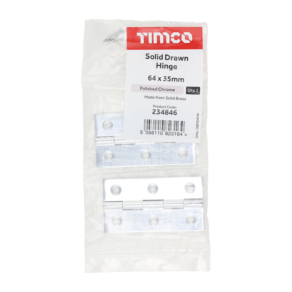 This is an image of Timco - Solid Drawn Hinge - Solid Brass - Polished Chrome 64 x 35 (1 Pairs Bag) 234846