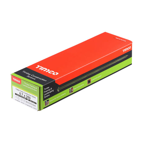 This is an image of Timco - Timber Frame Construction & Landscaping Screws - Hex - Exterior - Green Organic 6.7 x 250mm - (50 PCS Box) 250IN