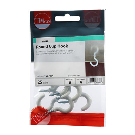 This is an image of Timco - Cup Hooks - Round - White 25mm (6 Pieces TIMpac) 25SHWP