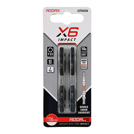 This is an image of Timco - Impact Driver Bits - TX - Double Ended TX25 x 65 (2 Pieces Blister Pack) 25TX65X6