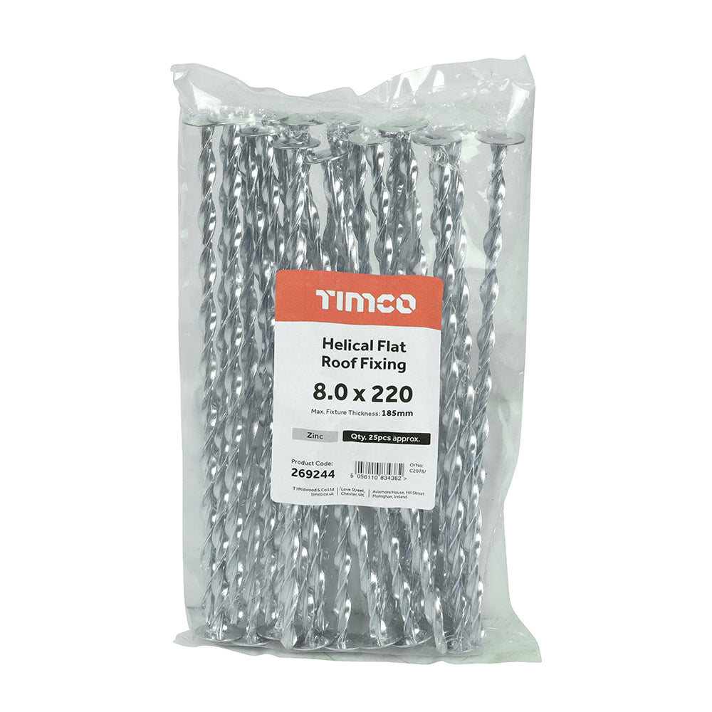 This is an image of Timco - Helical Flat Roof Fixing - Zinc 8.0 x 220mm (25 Pieces Bag) 269244