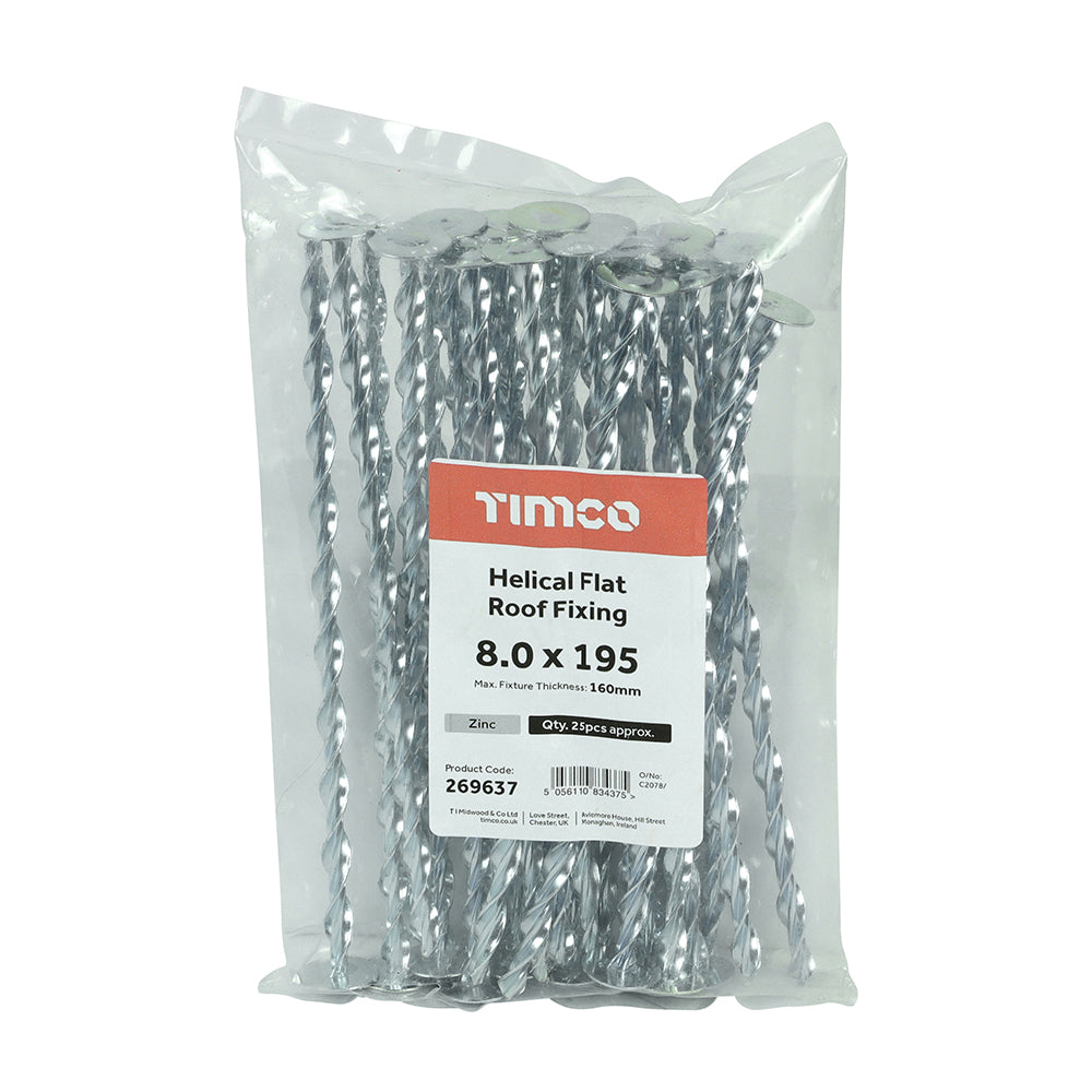 This is an image of Timco - Helical Flat Roof Fixing - Zinc 8.0 x 195mm (25 Pieces Bag) 269637