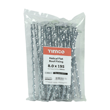 This is an image of Timco - Helical Flat Roof Fixing - Zinc 8.0 x 195mm (25 Pieces Bag) 269637