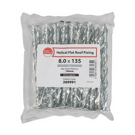 This is an image of Timco - Helical Flat Roof Fixing - Zinc 8.0 x 135mm (25 Pieces Bag) 269991