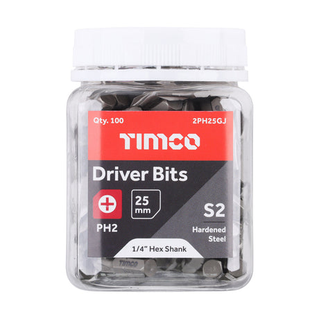 This is an image of Timco - S2 Driver Bits - PH No.2 x 25 (100 Pieces Small Jar) 2PH25GJ