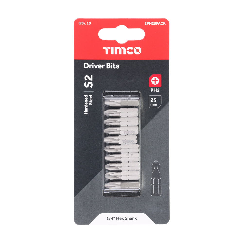 This is an image of Timco - S2 Driver Bits - PH No.2 x 25 (10 Pieces Blister Pack) 2PH25PACK