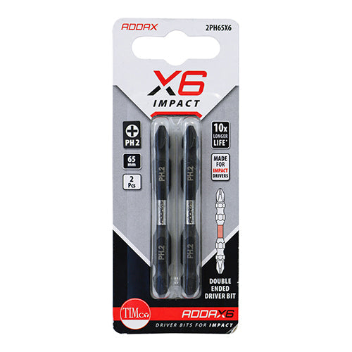 This is an image of Timco - Impact Driver Bits - PH - Double Ended No.2 x 65 (2 Pieces Blister Pack) 2PH65X6