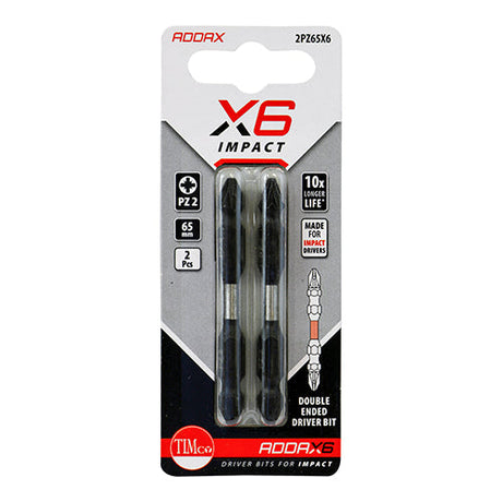 This is an image of Timco - Impact Driver Bits - PZ - Double Ended No.2 x 65 (2 Pieces Blister Pack) 2PZ65X6