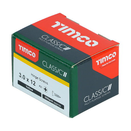 This is an image of Timco - Classic Multi-Purpose Hinge Screws - PZ - Countersunk - Yellow 3.0 x 12mm - (200 PCS Box) 30012CLAH