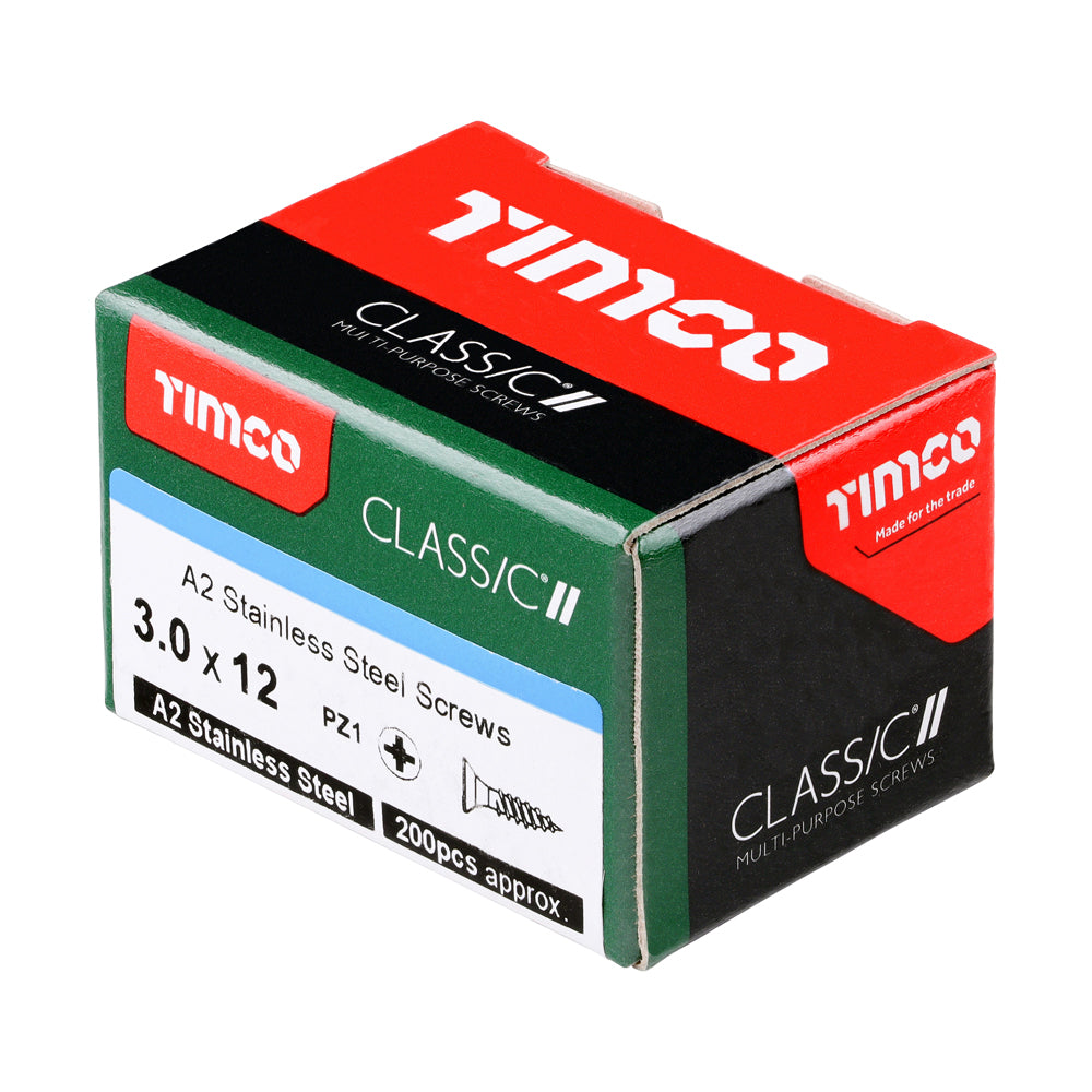 This is an image of Timco - Classic Multi-Purpose Screws - PZ - Double Countersunk - A2 Stainless Steel 3.0 x 12mm - (200 PCS Box) 30012CLASS