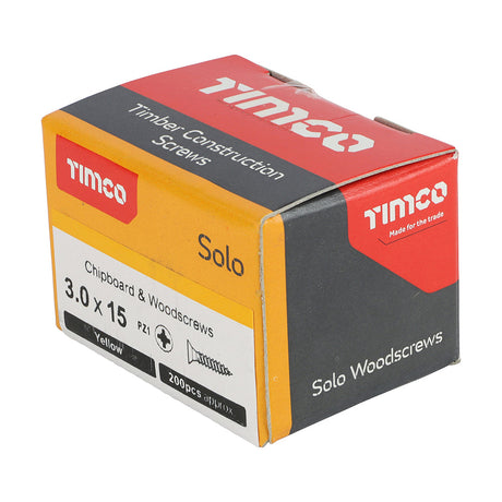This is an image of Timco - Solo Chipboard & Woodscrews - PZ - Double Countersunk - Yellow 3.0 x 15mm - (200 PCS Box) 30015SOLOC