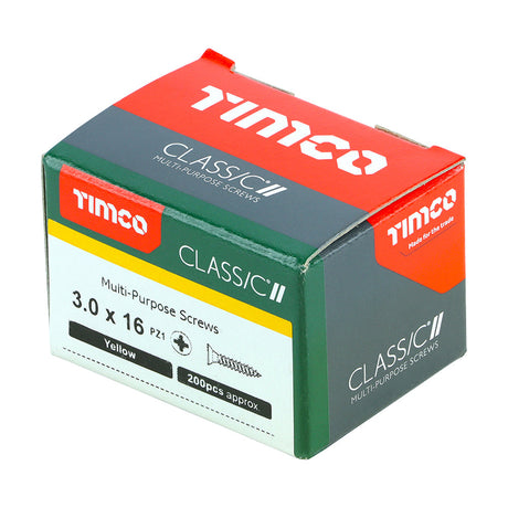 This is an image of Timco - Classic Multi-Purpose Screws - PZ - Double Countersunk - Yellow 3.0 x 16mm - (200 PCS Box) 30016CLAF